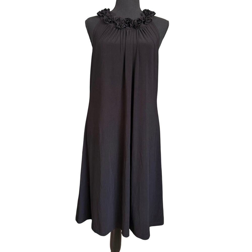 JBS Black Sleeveless Dress Faux Flower Neckline Two Button Back Closure | GUC